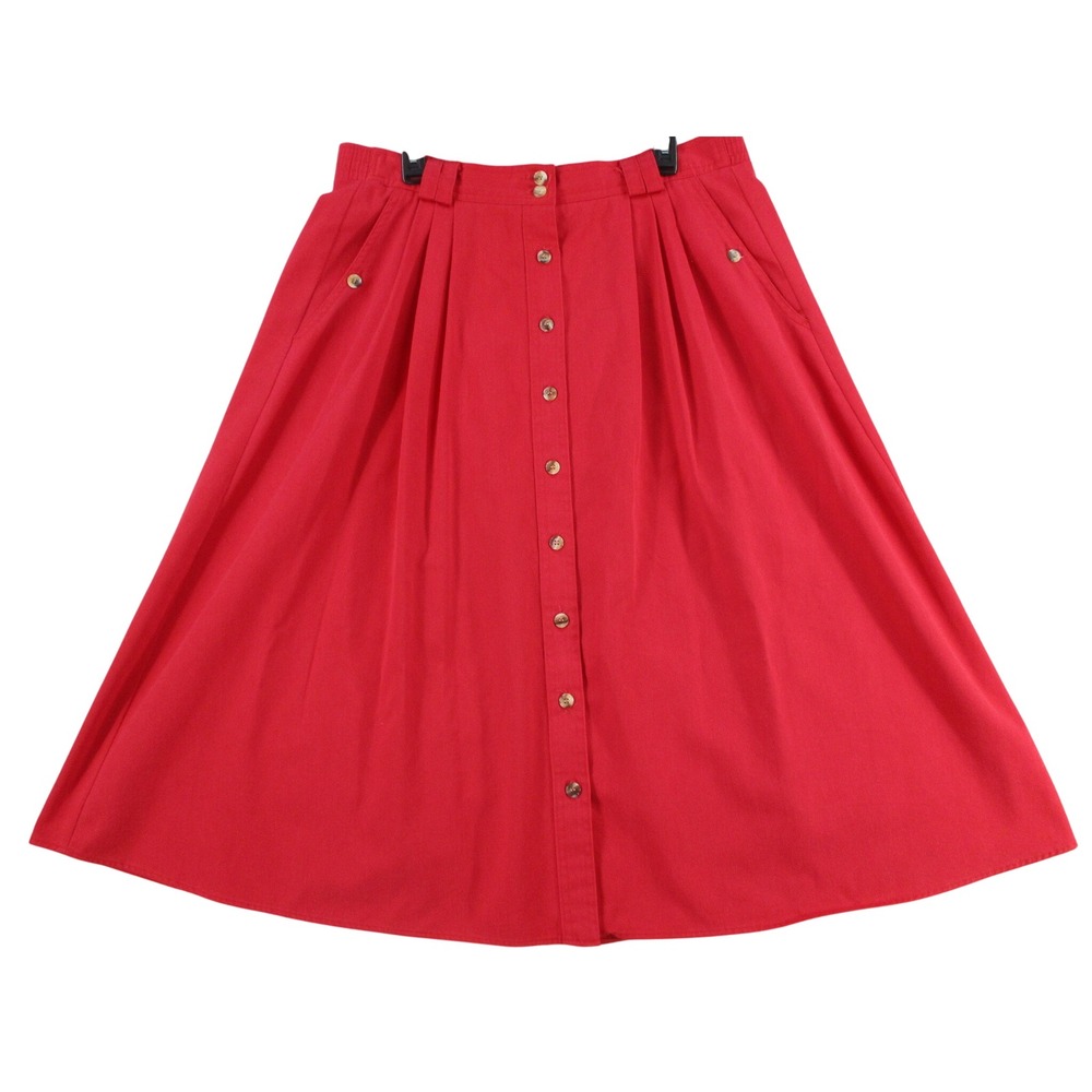 Vintage Cabin Creek Red Button Front Midi Skirt Pockets Cotton Blend Size 16 USA